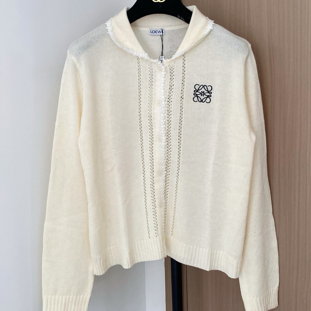 Loewe Cream Knit Cardigan with Logo Detail